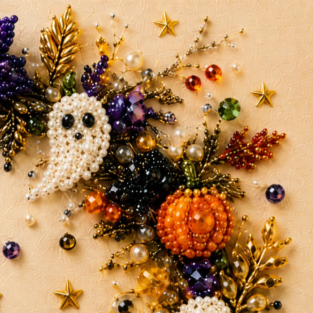 Halloween Bead Art Kit Pearl Bead Canvas Craft Kit with Numbered Self Adhesive Canvas Pumpkin | Ghost and Witch Designs DIY Wall Art