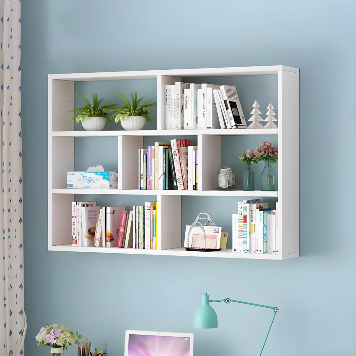Wall Mounted Bookshelf Wooden Floating Shelf Unit Modern Wall Bookcase with Open Compartments for Books and Decor in Living Room | Study and Bedroom
