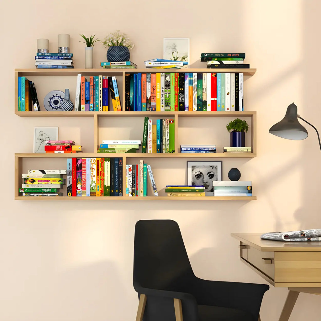 Wall Mounted Bookshelf Wooden Floating Shelf Unit Modern Wall Bookcase with Open Compartments for Books and Decor in Living Room | Study and Bedroom