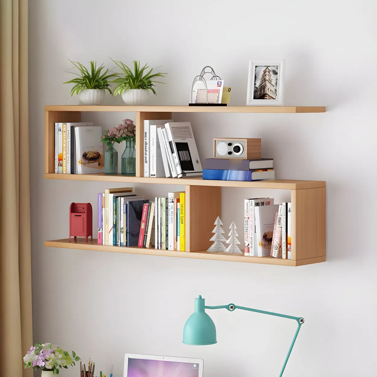 Wall Mounted Bookshelf Wooden Floating Shelf Unit Modern Wall Bookcase with Open Compartments for Books and Decor in Living Room | Study and Bedroom