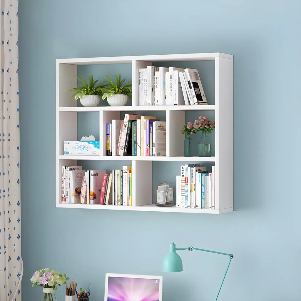 Wall Mounted Bookshelf Wooden Floating Shelf Unit Modern Wall Bookcase with Open Compartments for Books and Decor in Living Room | Study and Bedroom
