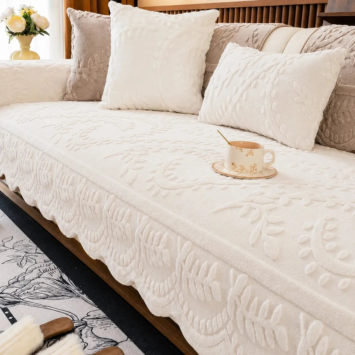 Embossed Plush Sofa Cover Non Slip Couch Protector with Botanical Leaf Pattern and Silicone Grip Backing Pet Friendly Sofa Seat Cover for Living Room