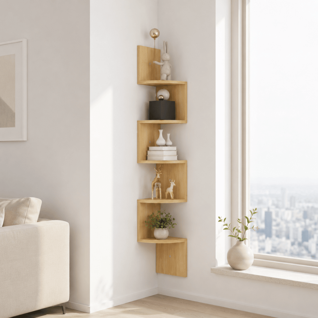 Wall Mounted Corner Shelf Multi Tier Zigzag Floating Corner Shelving Unit Space Saving Storage for Living Room | Bedroom and Hallway