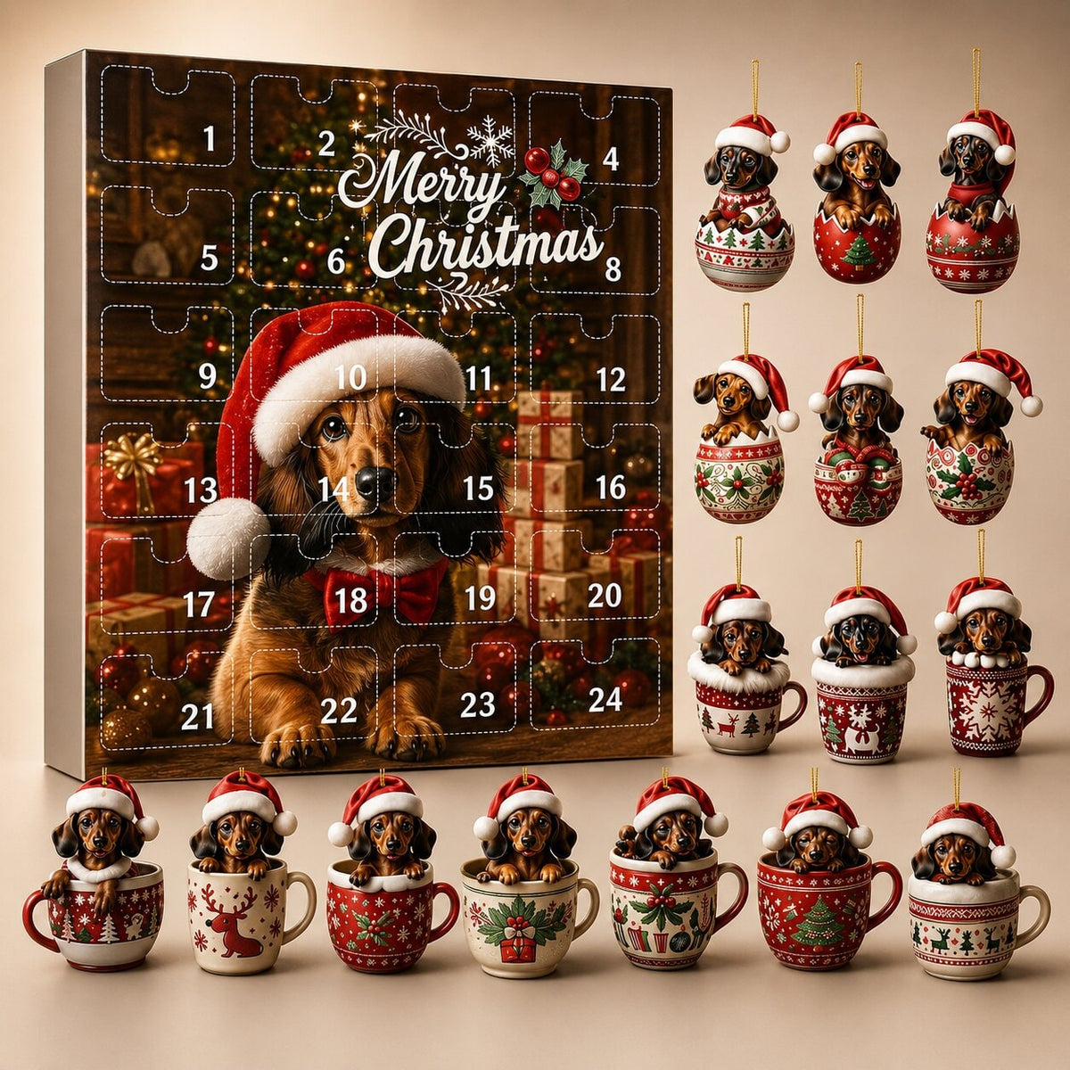 Dachshund Advent Calendar with Hanging Christmas Tree Ornaments