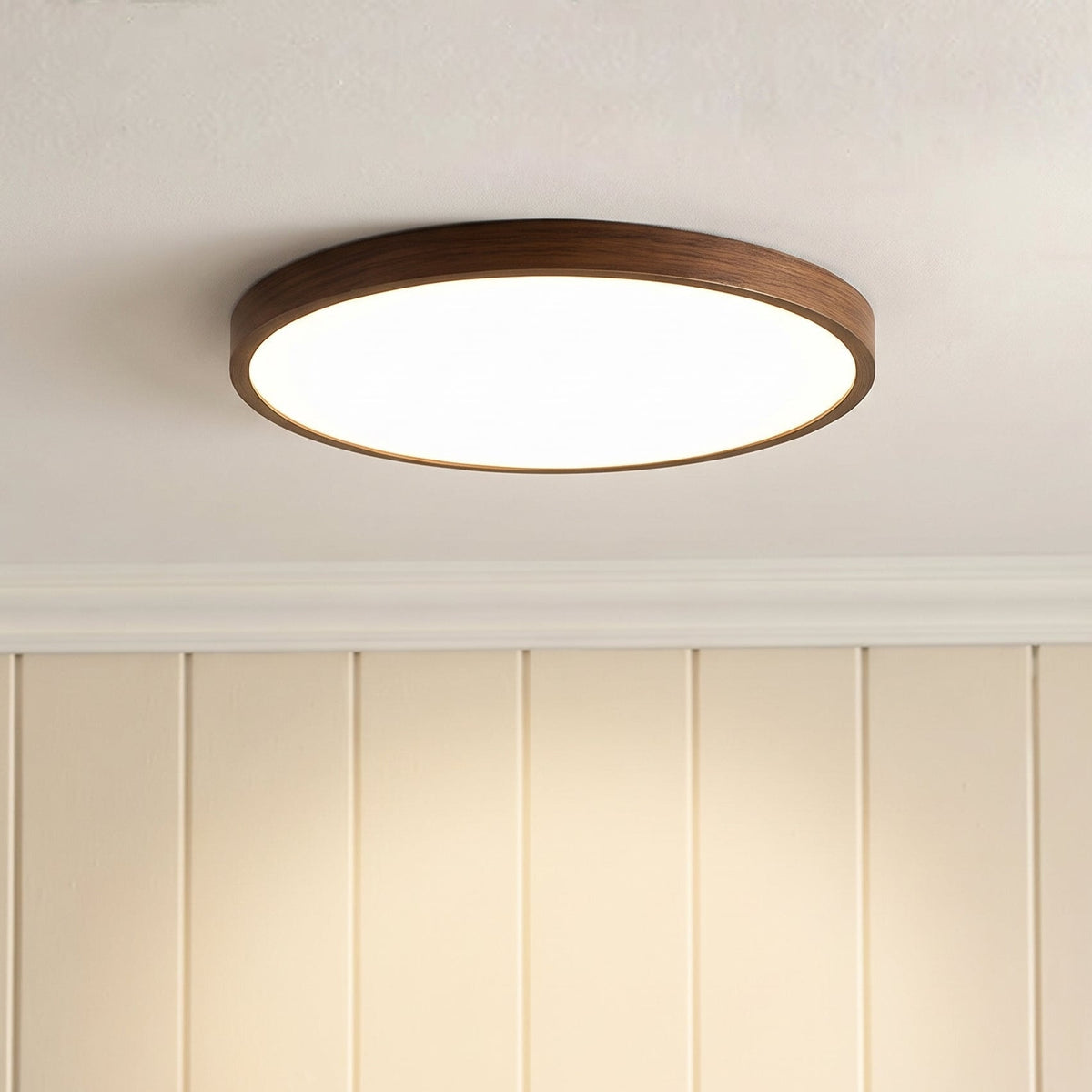 Dark Wood Grain LED Ceiling Light Round Flush Mount with Soft Acrylic Diffuser