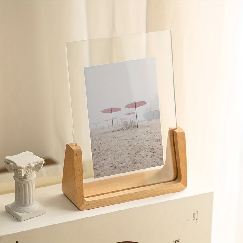 Acrylic Photo Frame with Wooden Base Clear U-Shaped Picture Frame Modern Minimalist Tabletop Frame for Desk | Shelf and Bedside