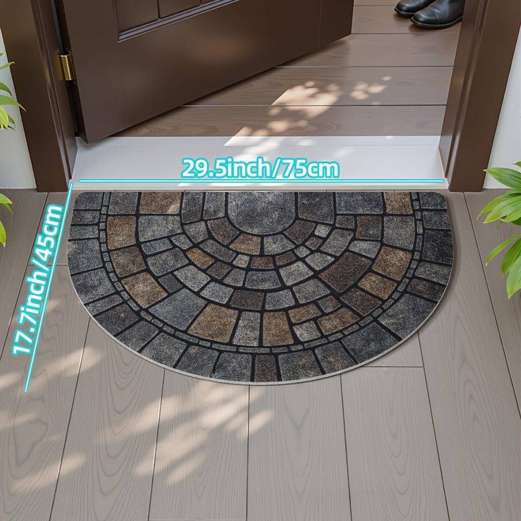 Half Moon Door Mat Non-Slip Mosaic Stone Effect Doormat Semicircle Polyester Entrance Mat for Indoor and Outdoor Use