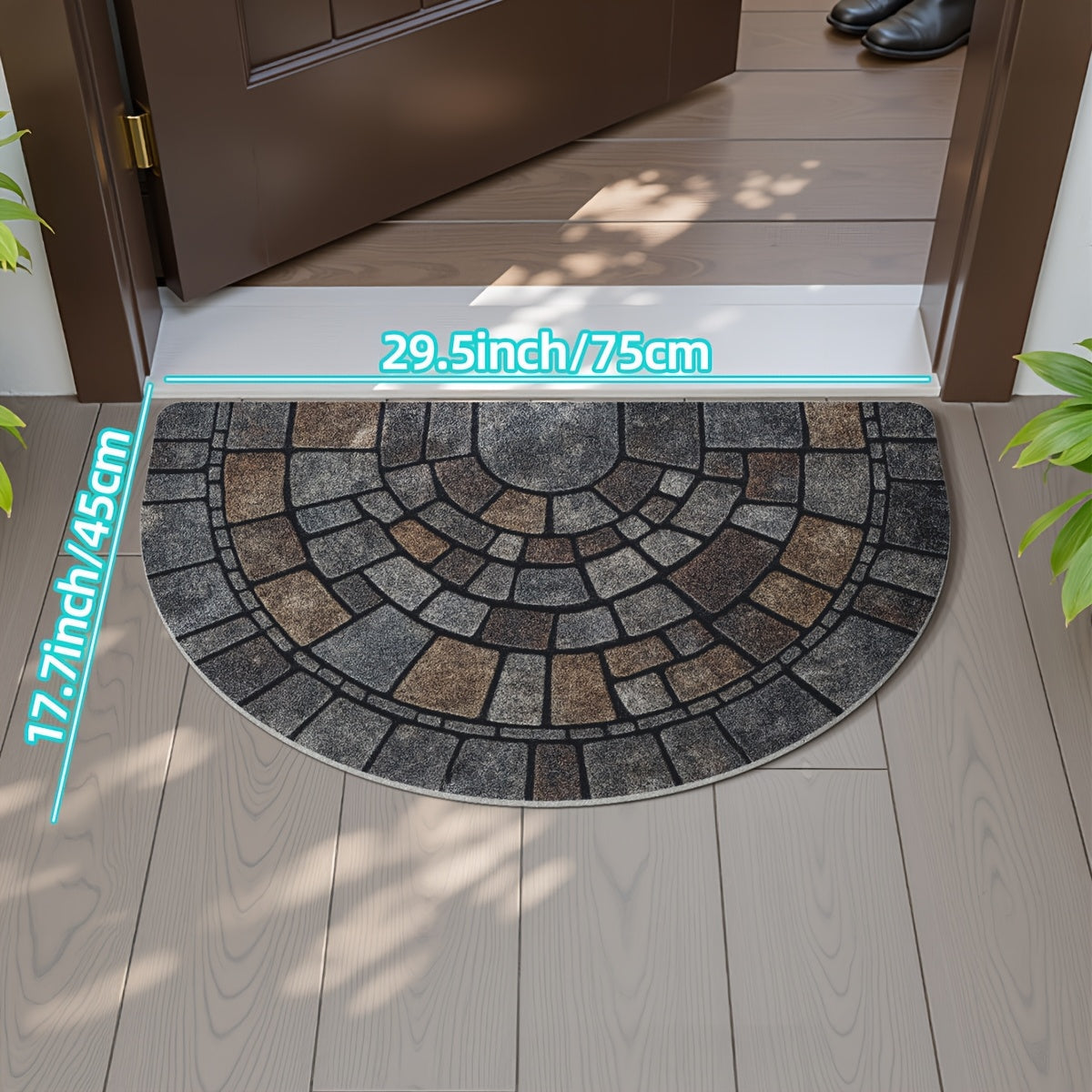 Half Moon Door Mat Non-Slip Mosaic Stone Effect Doormat Semicircle Polyester Entrance Mat for Indoor and Outdoor Use