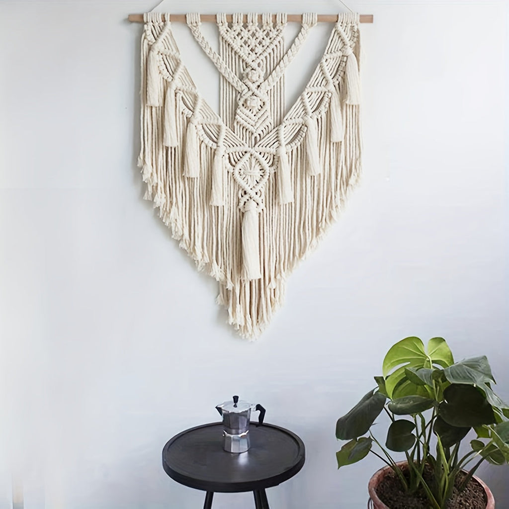 Macrame Wall Hanging Bohemian Woven Tapestry Handcrafted Knotted Wall Art with Tassels and Wooden Dowel for Bedroom | Living Room and Entryway