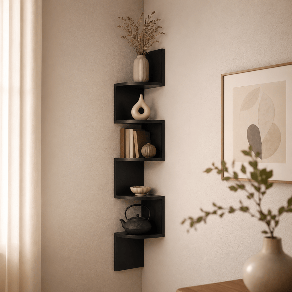 Wall Mounted Corner Shelf Multi Tier Zigzag Floating Corner Shelving Unit Space Saving Storage for Living Room | Bedroom and Hallway
