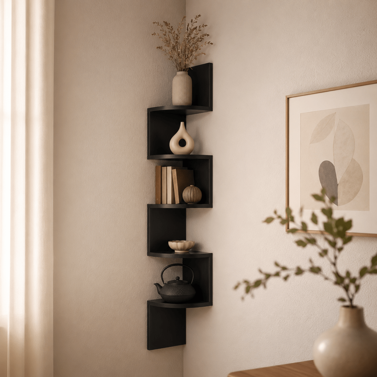 Wall Mounted Corner Shelf Multi Tier Zigzag Floating Corner Shelving Unit Space Saving Storage for Living Room | Bedroom and Hallway