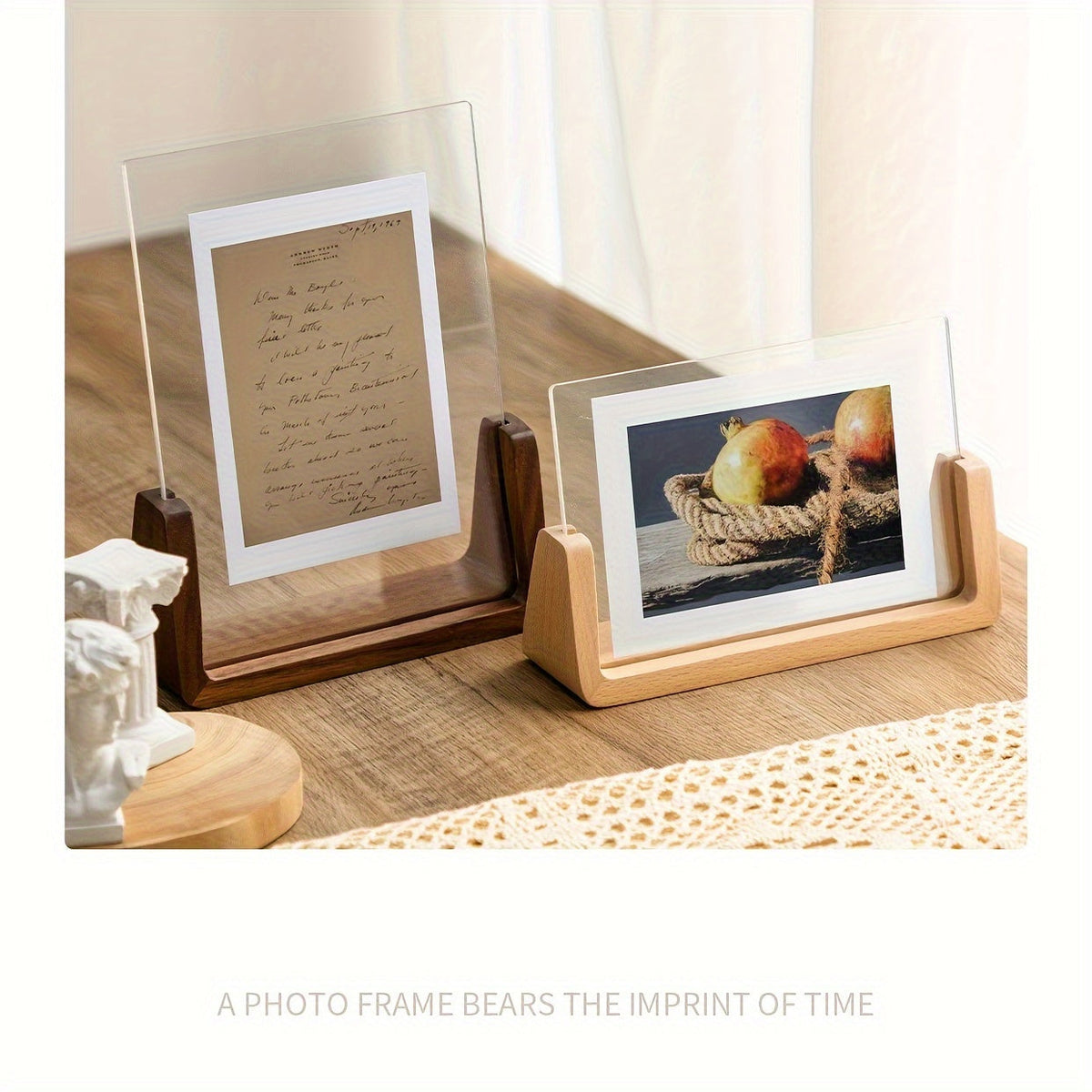 Acrylic Photo Frame with Wooden Base Clear U-Shaped Picture Frame Modern Minimalist Tabletop Frame for Desk | Shelf and Bedside