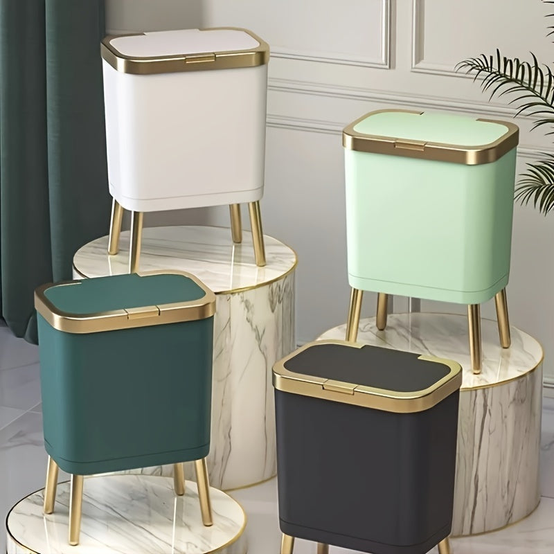 Slim Kitchen Bin with Lid and Raised Legs Odour Sealing Press-Top Rubbish Bin with Metallic Trim Waste Bin for Kitchen | Bathroom and Living Room