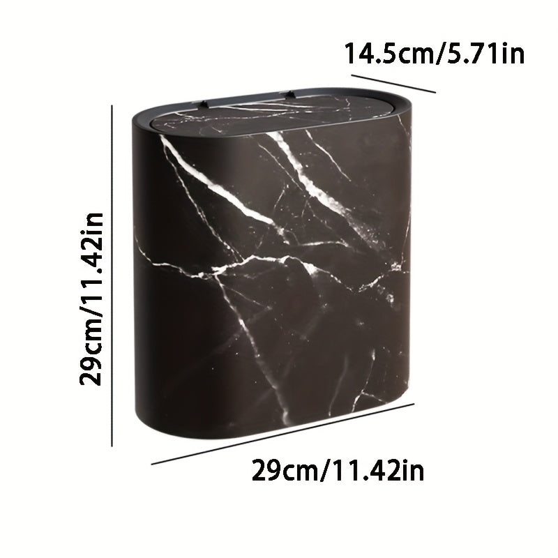 Marble Effect Bathroom Bin with Lid Slim Oval Waste Bin Modern Rubbish Bin Space-Saving Trash Can for Bathroom | Kitchen and Office
