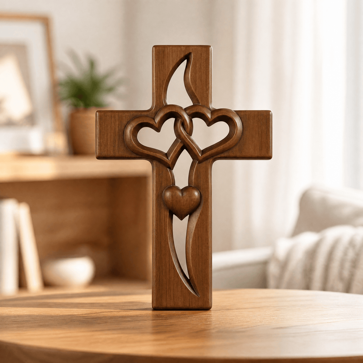 Wooden Cross Wall Decor Carved Intertwined Hearts Hanging Wall Cross Natural Wood Christian Decor for Entryway | Bedroom and Living Room