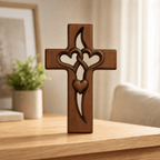 Wooden Cross Wall Decor Carved Intertwined Hearts Hanging Wall Cross Natural Wood Christian Decor for Entryway | Bedroom and Living Room