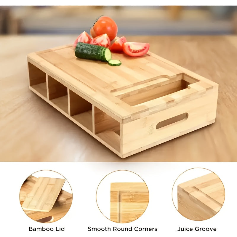 Bamboo Chopping Board with Storage Trays and Graters Kitchen Prep Station with Juice Groove and Lid for Slicing | Grating and Food Storage