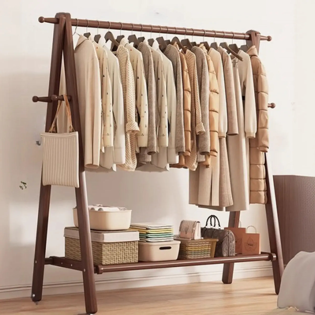 Foldable Wooden Clothes Rail Beech Wood Garment Rack with Storage Shelves and Side Hooks Freestanding A Frame Coat Rack for Bedroom and Hallway