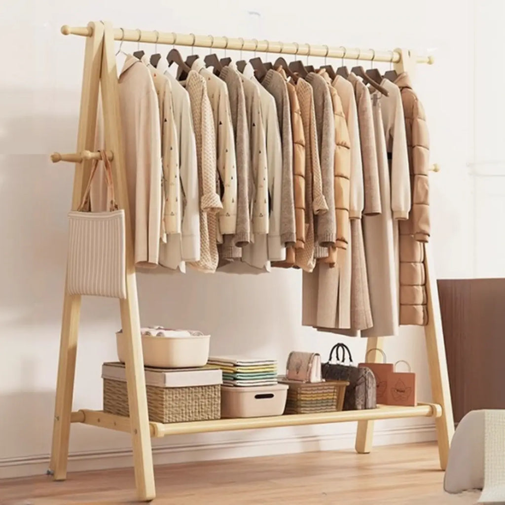 Foldable Wooden Clothes Rail Beech Wood Garment Rack with Storage Shelves and Side Hooks Freestanding A Frame Coat Rack for Bedroom and Hallway