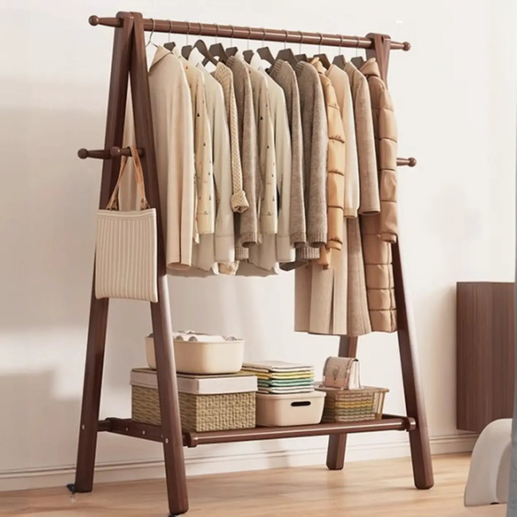 Foldable Wooden Clothes Rail Beech Wood Garment Rack with Storage Shelves and Side Hooks Freestanding A Frame Coat Rack for Bedroom and Hallway