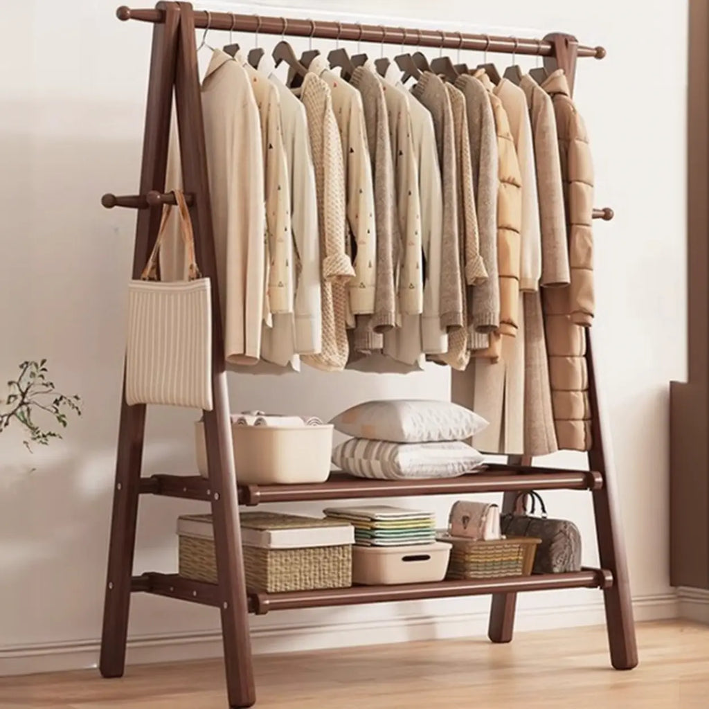 Foldable Wooden Clothes Rail Beech Wood Garment Rack with Storage Shelves and Side Hooks Freestanding A Frame Coat Rack for Bedroom and Hallway