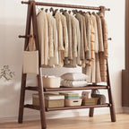 Foldable Wooden Clothes Rail Beech Wood Garment Rack with Storage Shelves and Side Hooks Freestanding A Frame Coat Rack for Bedroom and Hallway