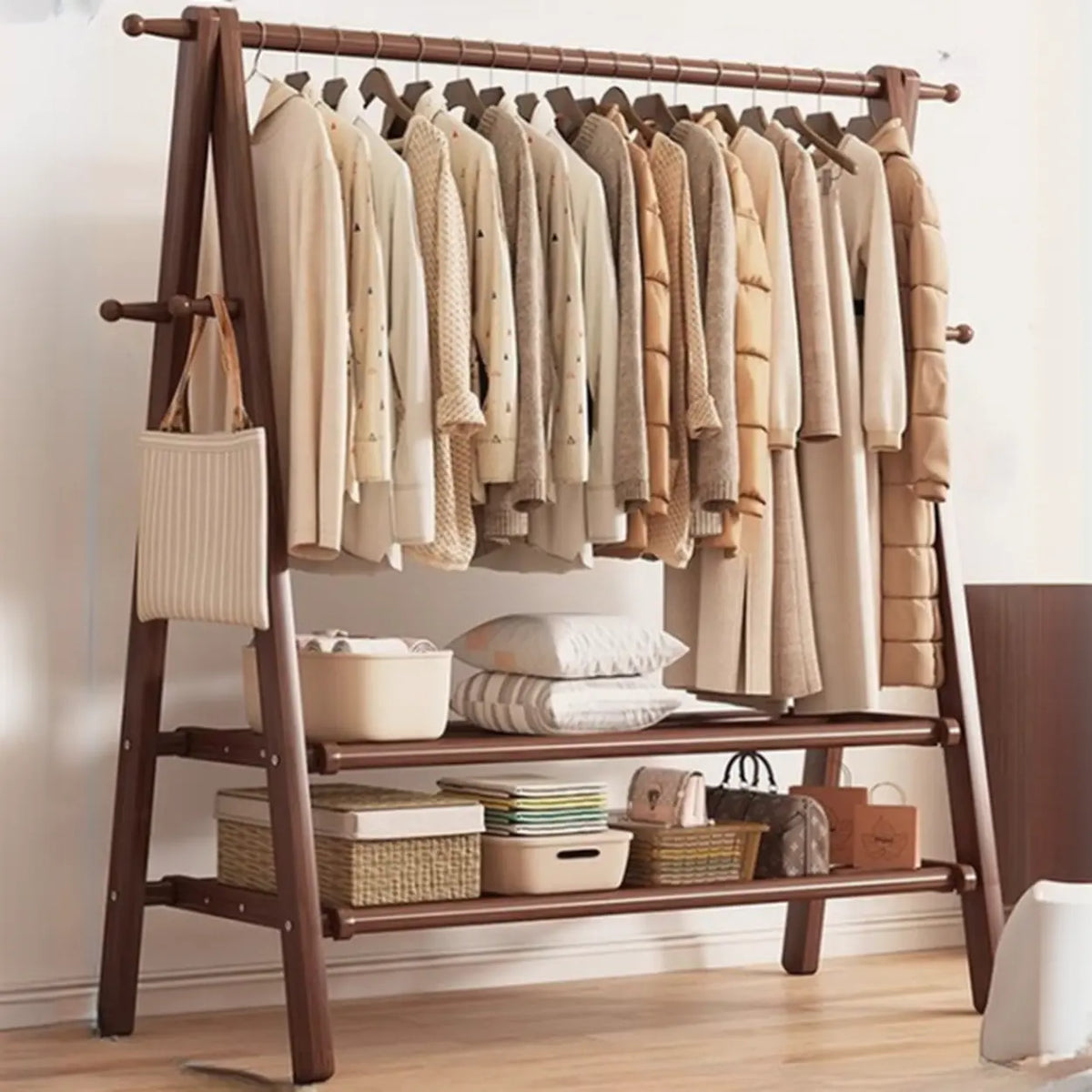 Foldable Wooden Clothes Rail Beech Wood Garment Rack with Storage Shelves and Side Hooks Freestanding A Frame Coat Rack for Bedroom and Hallway