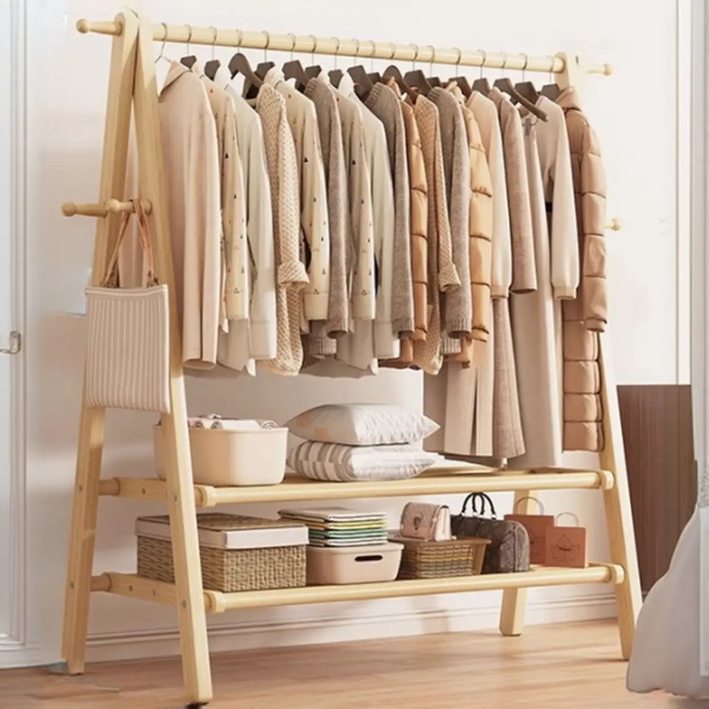 Foldable Wooden Clothes Rail Beech Wood Garment Rack with Storage Shelves and Side Hooks Freestanding A Frame Coat Rack for Bedroom and Hallway