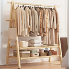 Foldable Wooden Clothes Rail Beech Wood Garment Rack with Storage Shelves and Side Hooks Freestanding A Frame Coat Rack for Bedroom and Hallway