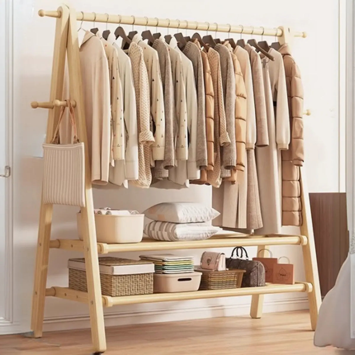 Foldable Wooden Clothes Rail Beech Wood Garment Rack with Storage Shelves and Side Hooks Freestanding A Frame Coat Rack for Bedroom and Hallway