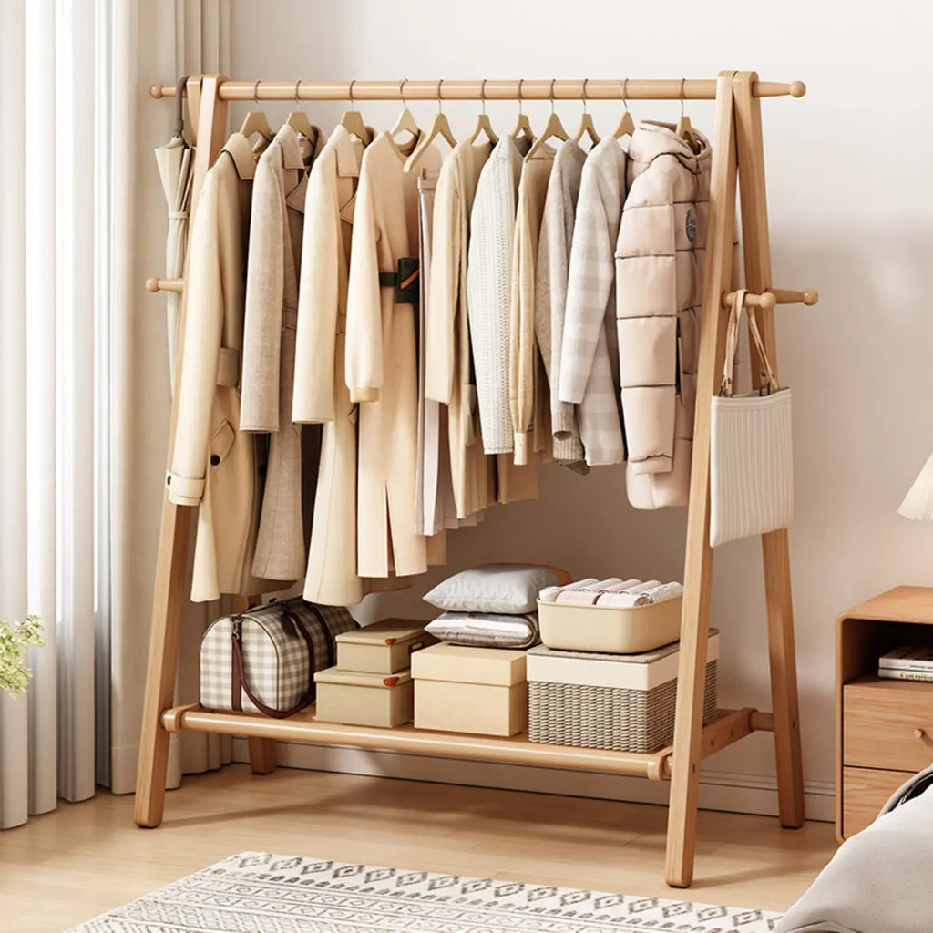 Foldable Wooden Clothes Rail Beech Wood Garment Rack with Storage Shelves and Side Hooks Freestanding A Frame Coat Rack for Bedroom and Hallway