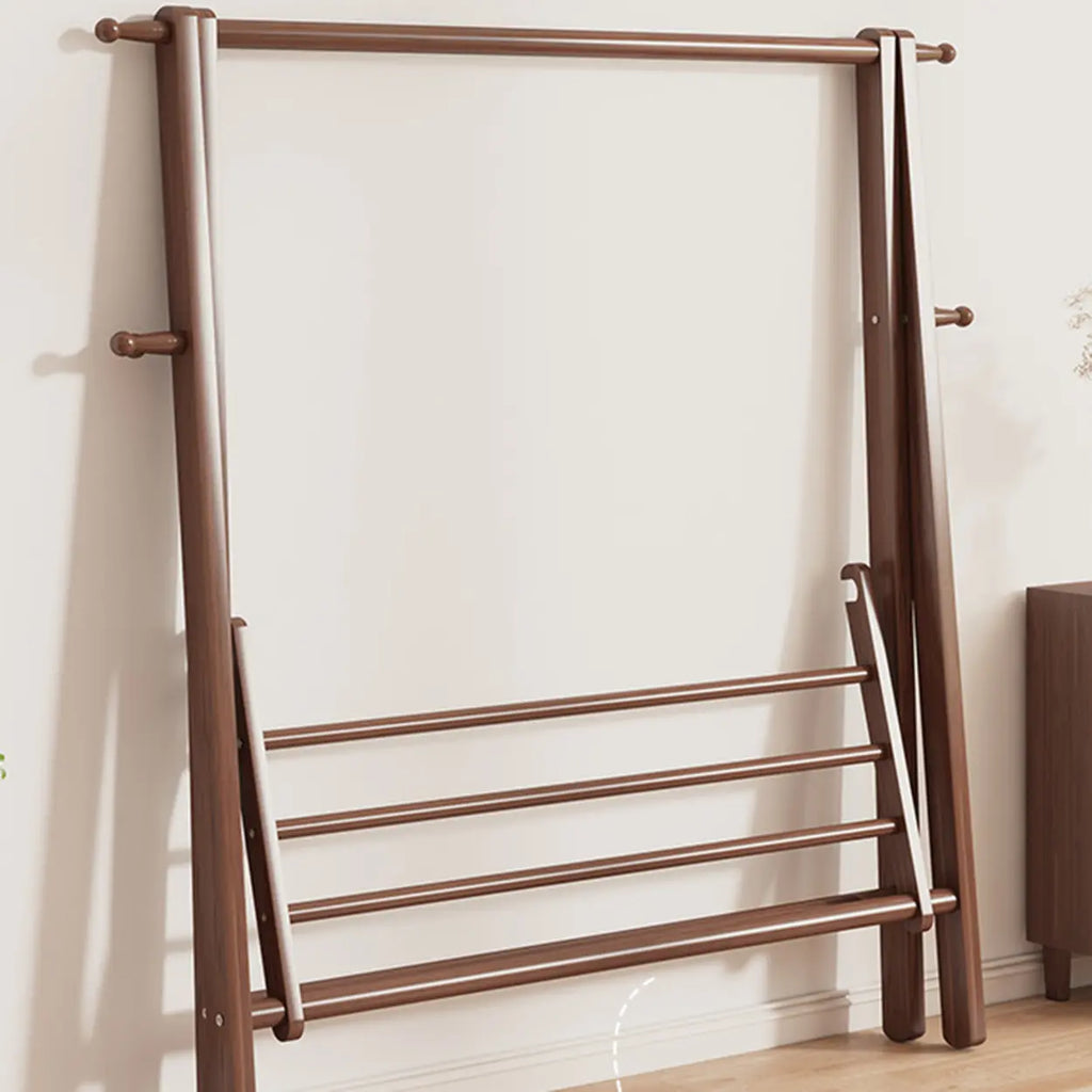 Foldable Wooden Clothes Rail Beech Wood Garment Rack with Storage Shelves and Side Hooks Freestanding A Frame Coat Rack for Bedroom and Hallway