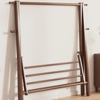Foldable Wooden Clothes Rail Beech Wood Garment Rack with Storage Shelves and Side Hooks Freestanding A Frame Coat Rack for Bedroom and Hallway