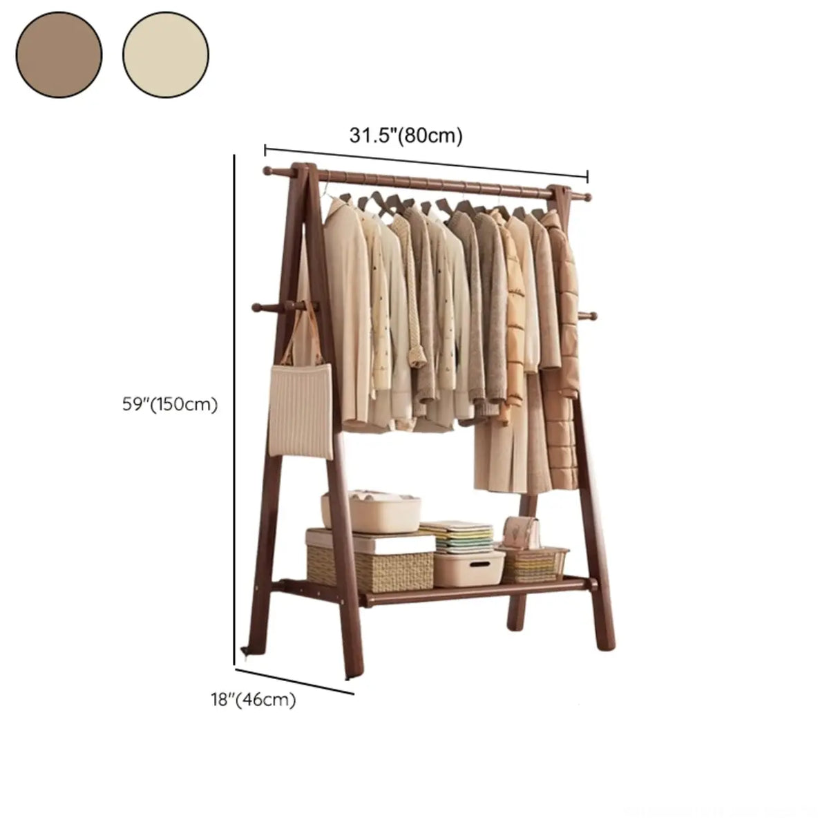 Foldable Wooden Clothes Rail Beech Wood Garment Rack with Storage Shelves and Side Hooks Freestanding A Frame Coat Rack for Bedroom and Hallway