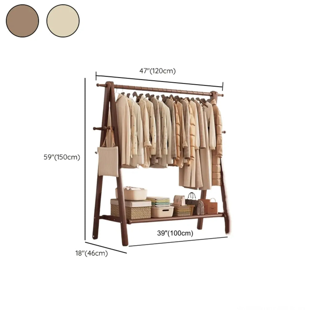 Foldable Wooden Clothes Rail Beech Wood Garment Rack with Storage Shelves and Side Hooks Freestanding A Frame Coat Rack for Bedroom and Hallway