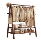 Foldable Wooden Clothes Rail Beech Wood Garment Rack with Storage Shelves and Side Hooks Freestanding A Frame Coat Rack for Bedroom and Hallway
