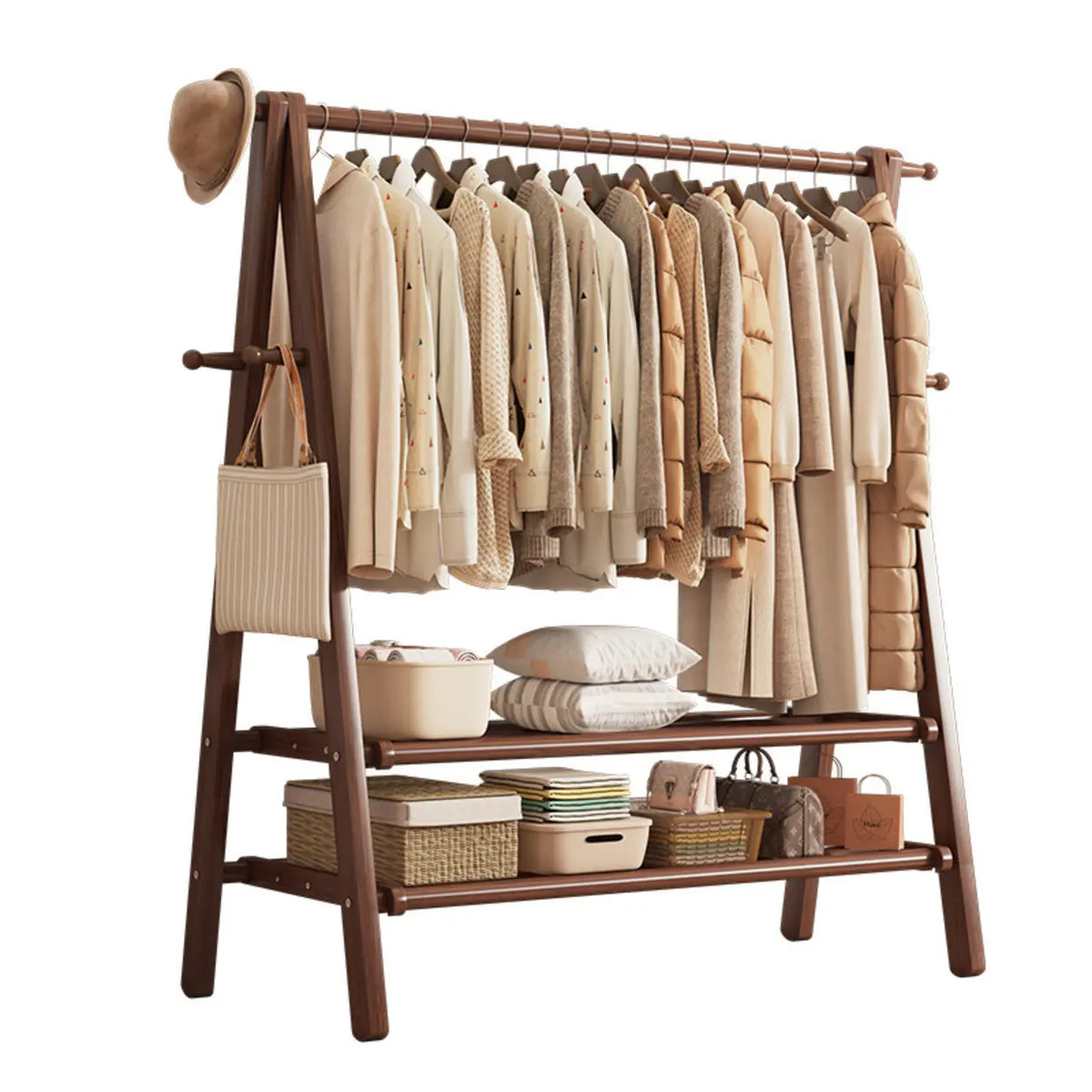 Foldable Wooden Clothes Rail Beech Wood Garment Rack with Storage Shelves and Side Hooks Freestanding A Frame Coat Rack for Bedroom and Hallway