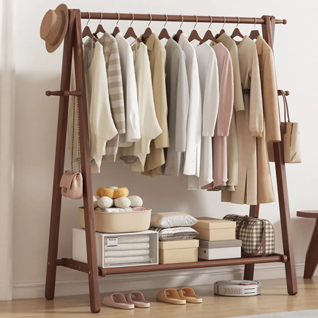 Foldable Wooden Clothes Rail Beech Wood Garment Rack with Storage Shelves and Side Hooks Freestanding A Frame Coat Rack for Bedroom and Hallway