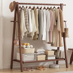 Foldable Wooden Clothes Rail Beech Wood Garment Rack with Storage Shelves and Side Hooks Freestanding A Frame Coat Rack for Bedroom and Hallway