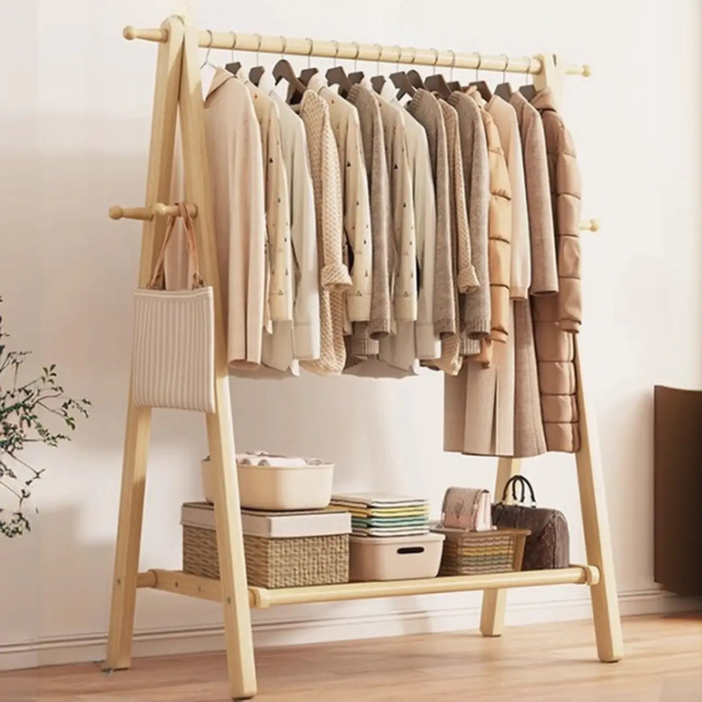 Foldable Wooden Clothes Rail Beech Wood Garment Rack with Storage Shelves and Side Hooks Freestanding A Frame Coat Rack for Bedroom and Hallway