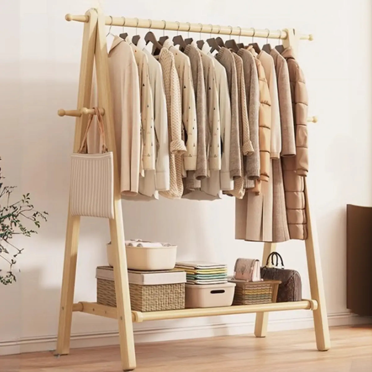 Foldable Wooden Clothes Rail Beech Wood Garment Rack with Storage Shelves and Side Hooks Freestanding A Frame Coat Rack for Bedroom and Hallway