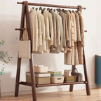 Foldable Wooden Clothes Rail Beech Wood Garment Rack with Storage Shelves and Side Hooks Freestanding A Frame Coat Rack for Bedroom and Hallway