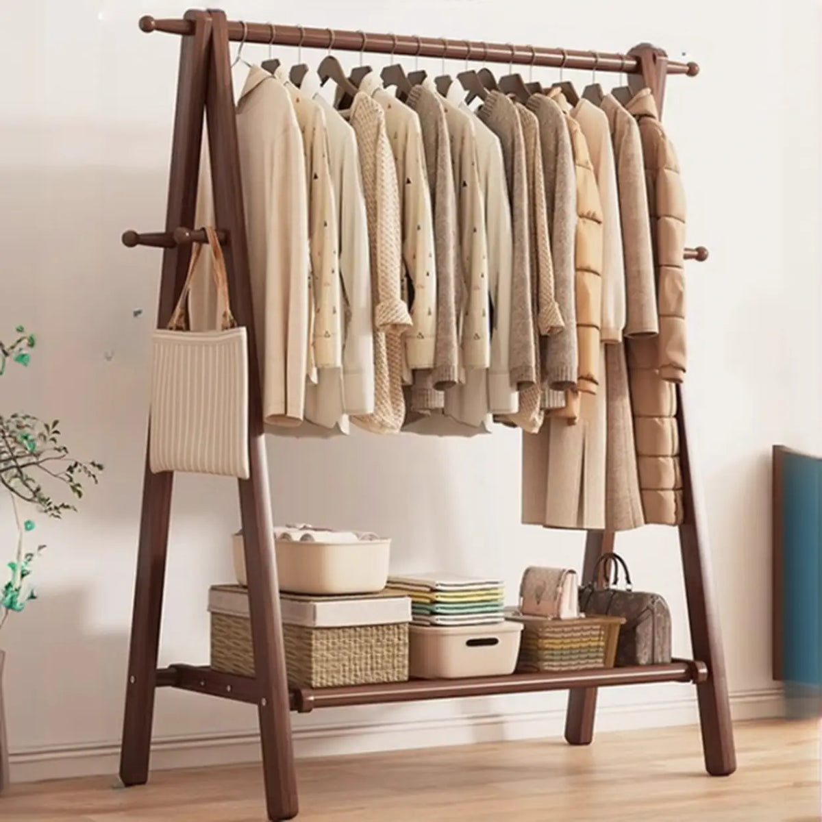Foldable Wooden Clothes Rail Beech Wood Garment Rack with Storage Shelves and Side Hooks Freestanding A Frame Coat Rack for Bedroom and Hallway