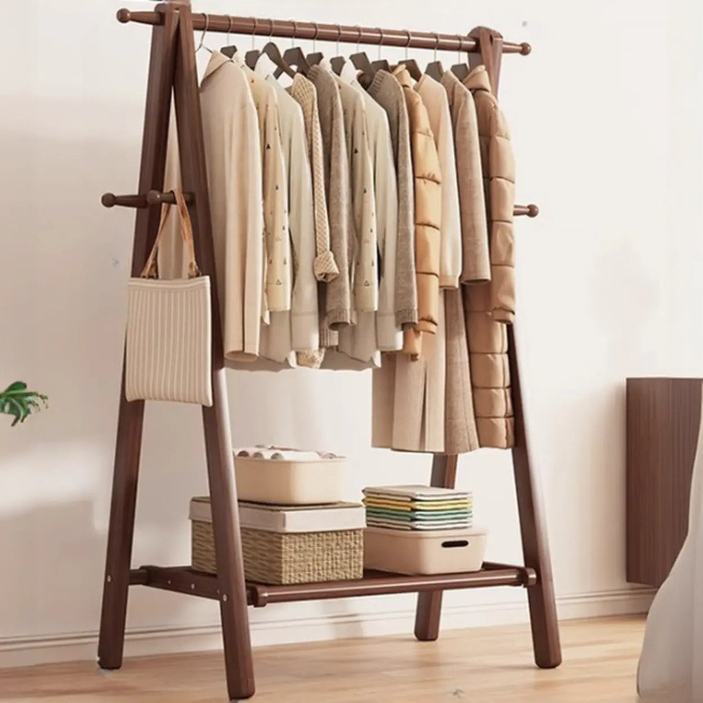 Foldable Wooden Clothes Rail Beech Wood Garment Rack with Storage Shelves and Side Hooks Freestanding A Frame Coat Rack for Bedroom and Hallway