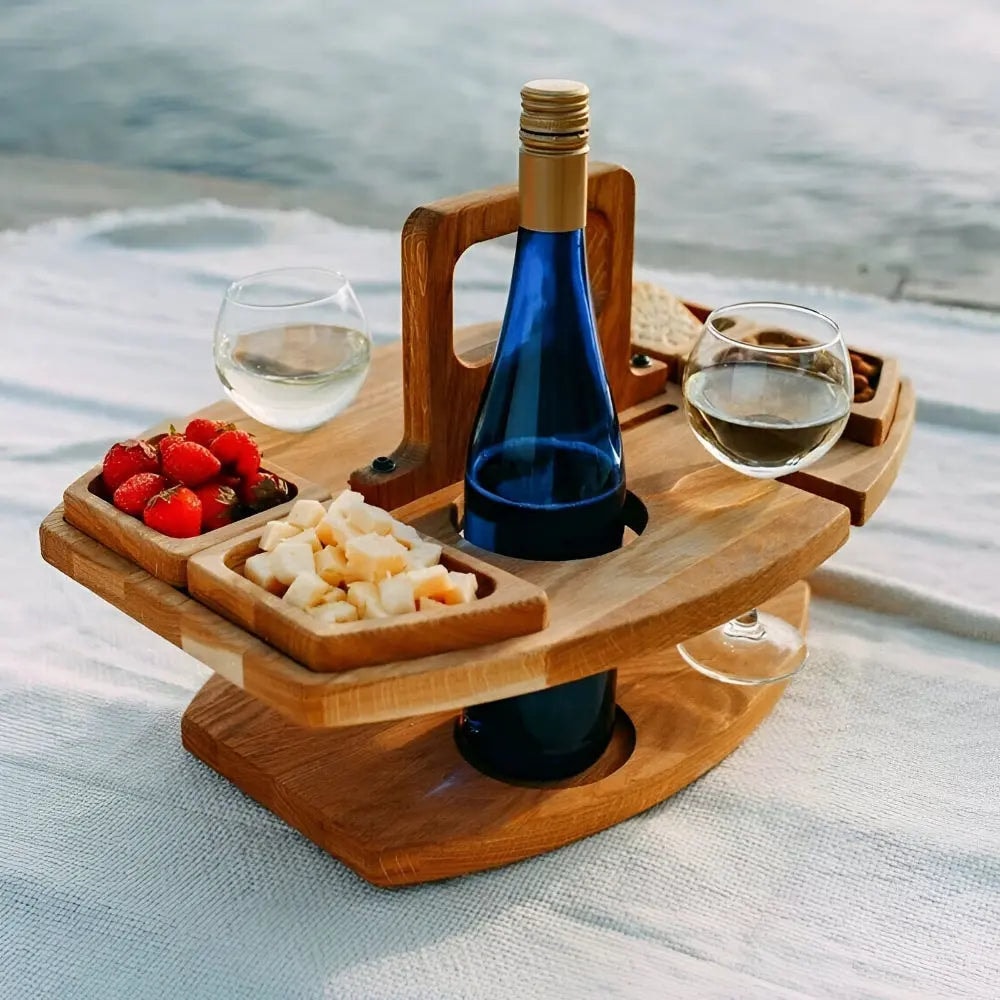 Folding Wooden Wine Table with Snack Compartments and Glass Holders
