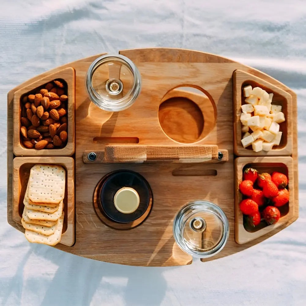 Folding Wooden Wine Table with Snack Compartments and Glass Holders