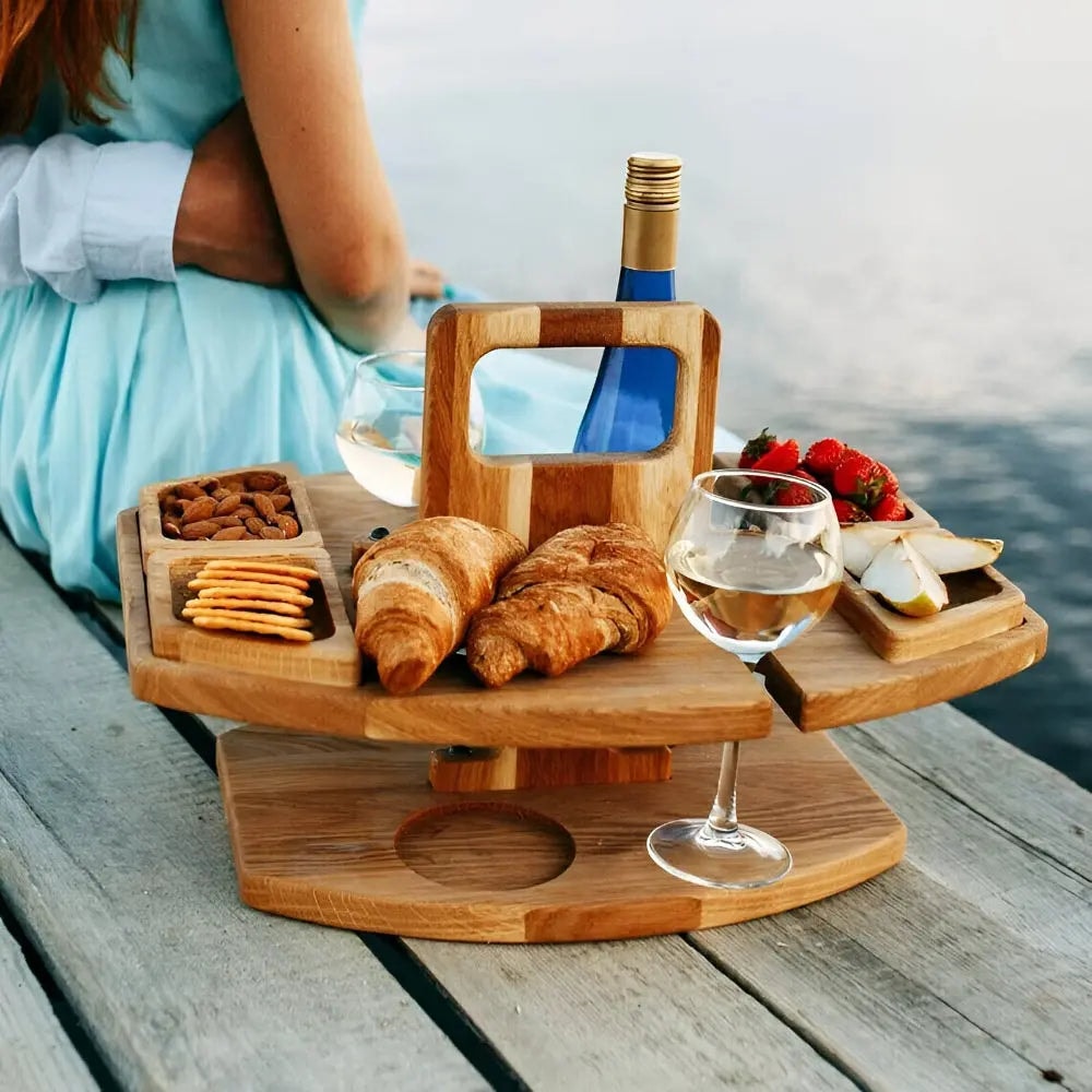 Folding Wooden Wine Table with Snack Compartments and Glass Holders
