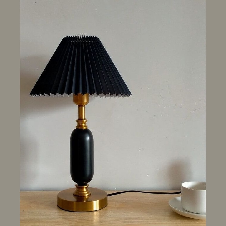 French Vintage Pleated Shade Table Lamp with Brass Base for Bedroom