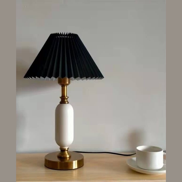 French Vintage Pleated Shade Table Lamp with Brass Base for Bedroom