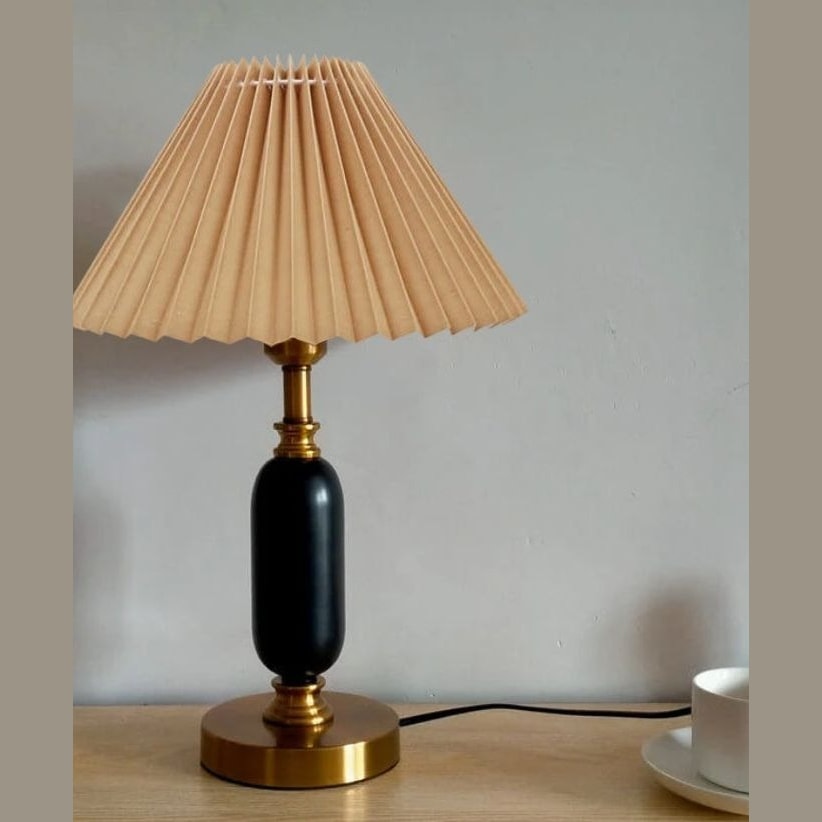 French Vintage Pleated Shade Table Lamp with Brass Base for Bedroom